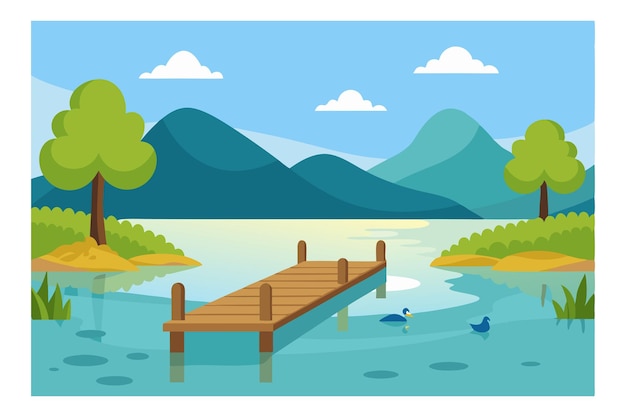 Scenic illustration of a wooden dock on a calm lake surrounded by mountains and trees