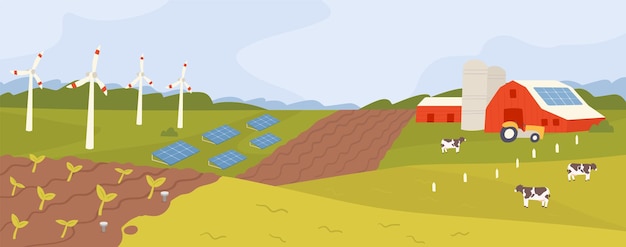 Scenic landscape of modern farm with fields, meadows, pastures, barns, solar panels and wind turbines. Panoramic view of farmland in countryside. Colored flat vector illustration of rural scenery.