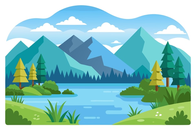 Vector scenic mountain landscape with lake and forest