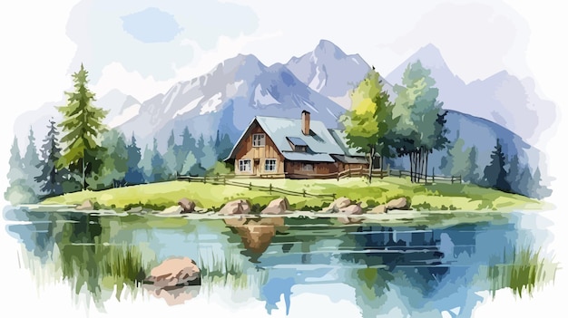 Vector scenic mountain landscape with lake and house painting