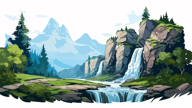 Vector scenic mountain landscape with waterfall