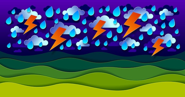 Scenic nature landscape of green grass meadow under thunderstorm and lightning cloudy rainy sky cartoon paper cut modern style vector illustration.