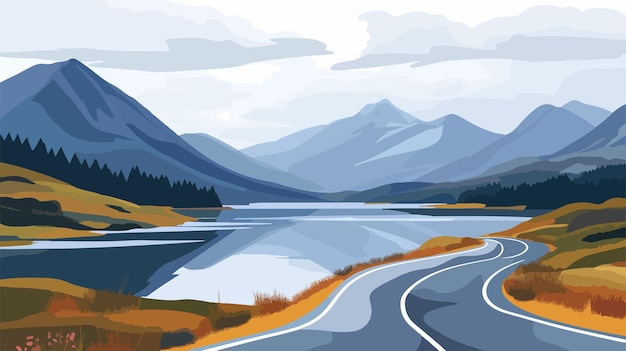 Vector scenic road along lake with majestic mountains in background