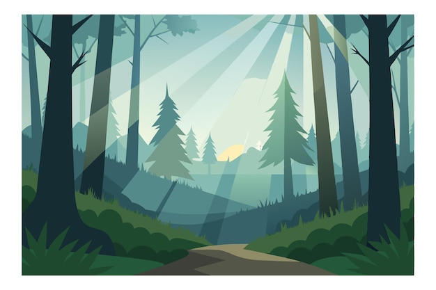 Vector scenic sunrise in a dense forest with tall trees and sun rays