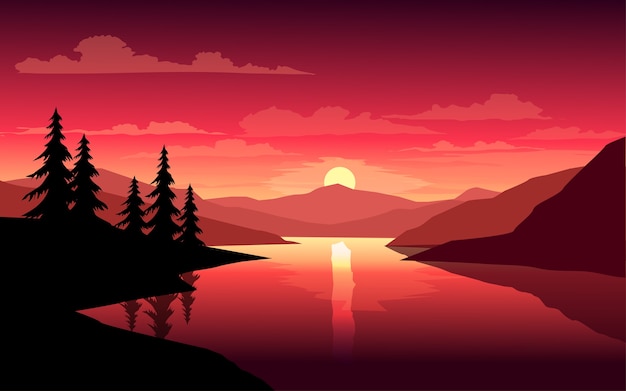 Scenic sunset illustration with river