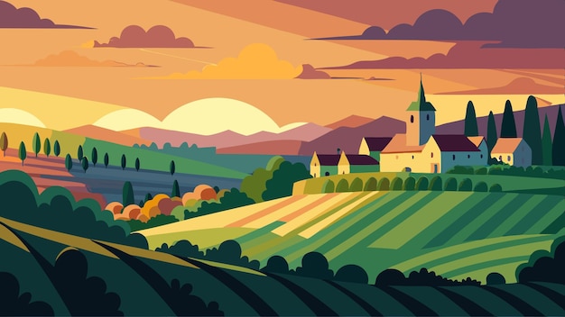 Vector scenic sunset view of vineyard in chinon village loire valley france