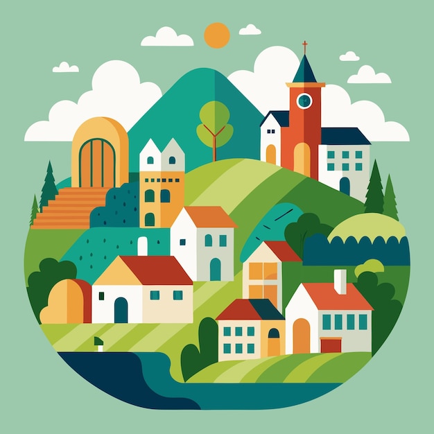 Vector scenic village and small town landscape