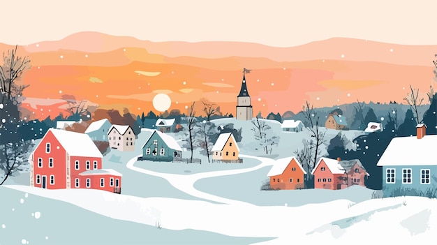 Vector scenic winter village at sunset pastel drawing