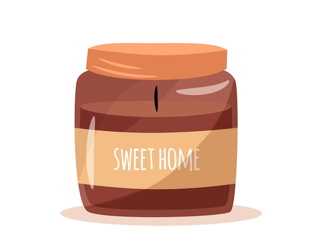 Scented candle in a jar isolated on white backgroud. Hygge time. Cozy aroma candle. Hand drawn flat vector illustration.