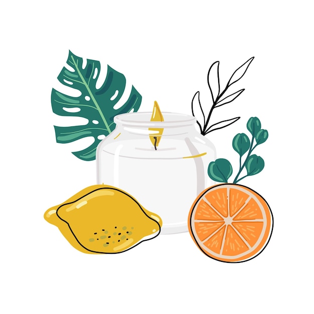 Scented candle vector illustration Candle with lemon orange and eucalyptus Soy wax candle in jar