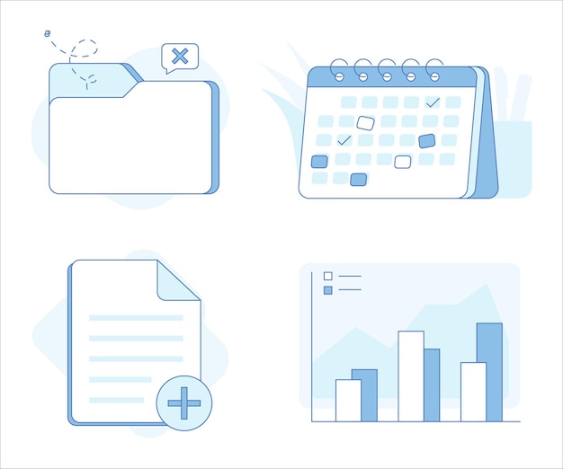 Schedule management, empty folder, add file, bar chart illustration for web and app interface