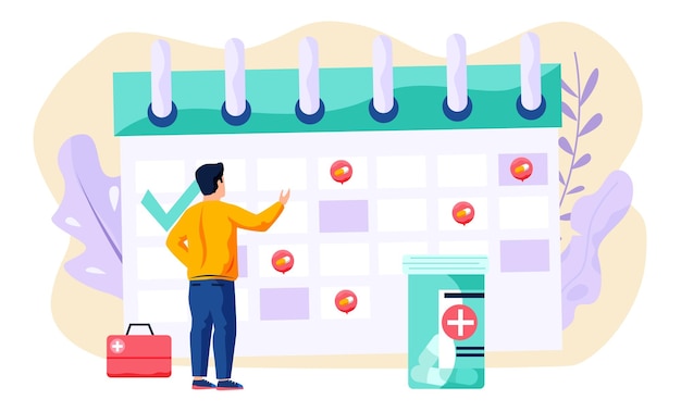 Schedule of treatment procedures and taking pills Concept of system reminder regular to visit doctor Male patient stands near a large calendar with marks points with hand back view flat vector