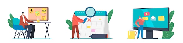 Scheduling, Planning, Inspiration and Creative Process Concept. Tiny Business Characters at Huge Calendar and Computer Fill Checklist. People Make Notes on Memory Board. Cartoon Vector Illustration