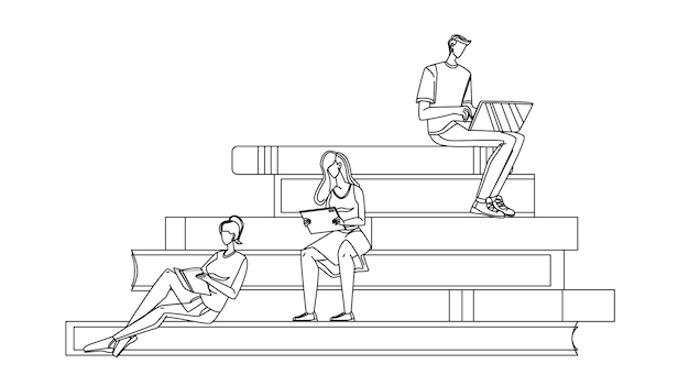 Scholar People Studying Reading On Tribune Black Line Pencil Drawing Vector. Boy Scholar Working With Laptop, Young Girl Watching Tablet And Read Book. Student Education Characters Illustration