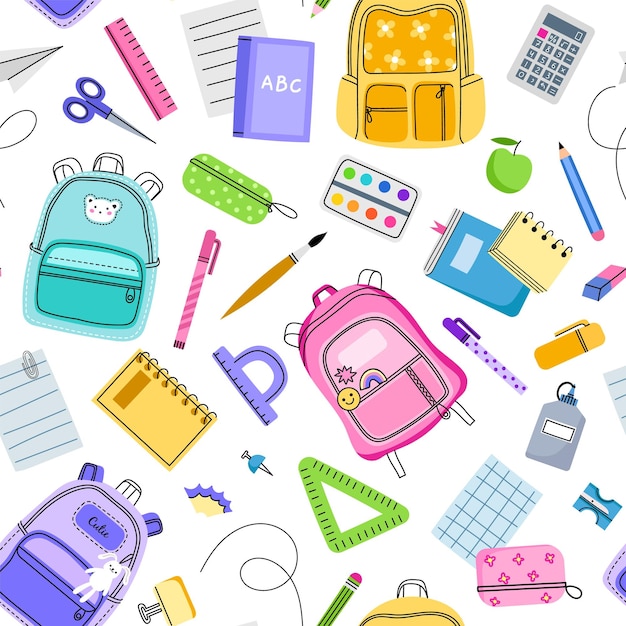 School accessories pattern Repeated kids educational motif color elements backpacks pencil cases and rulers vector seamless background