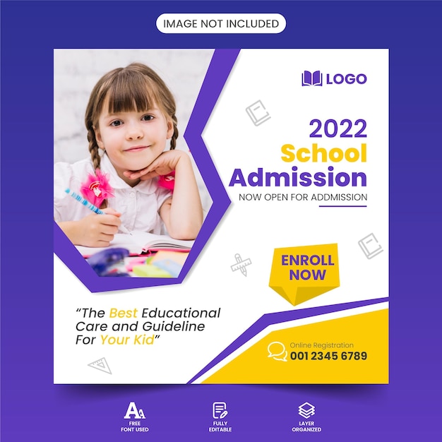 School Admission Kids Social Media Instagram web Post Banner Squire Flyer Design Vector Template