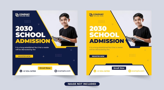 School admission social media post vector with yellow and dark colors Academic and educational poster design with abstract shapes School registration template vector Backtoschool template design