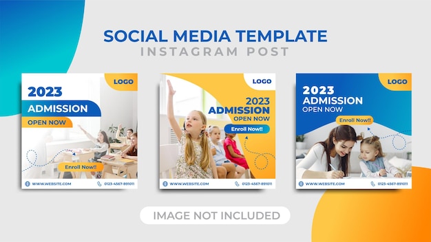 School admission square banner on blue and orange background color Social media post templates