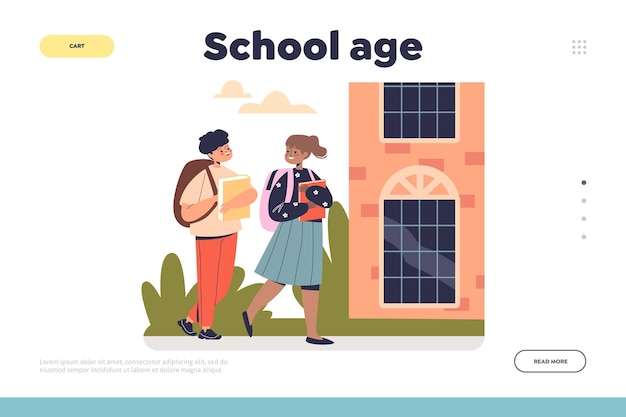 Vector school age concept of landing page with schoolboy and schoolgirl walk to school together