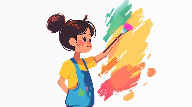 Vector school age girl painting wall with brush vector illustration