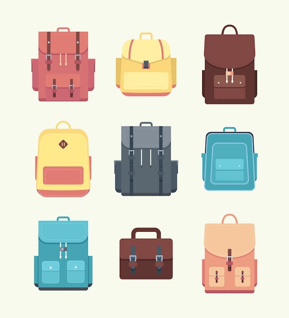 School backpack set. Bags and backpacks for textbooks. Flat vector illustration