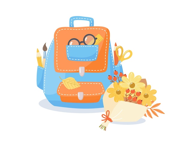 School backpack with stationery in cartoon style