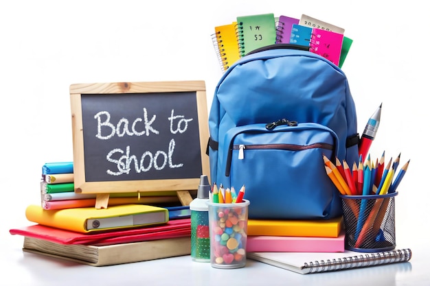 School backpack with stationery on table in classroom back to school