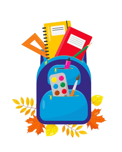 school backpack with suppliens back to school autumn concept educational or office equipment