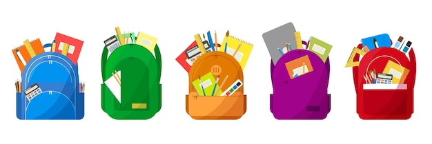 School backpacks set Schoolbags with books supplies textbooks notebooks pens pencils paints