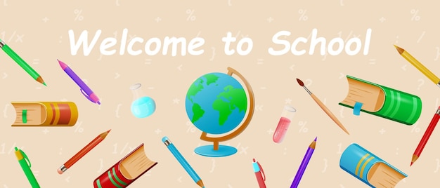 School banner with globe and stationery. Vector illustration.