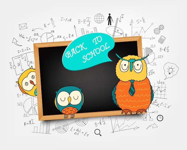 The school Board. A smart owl in a tie and two small ones against a background of mathematical equations and formulas. Hand-drawn diagrams and graphs.