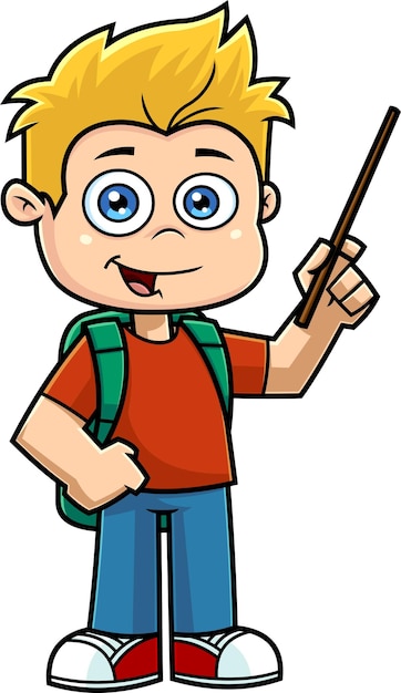 School Boy Cartoon Character Holding A Pointer And Speak. Vector Hand Drawn Illustration