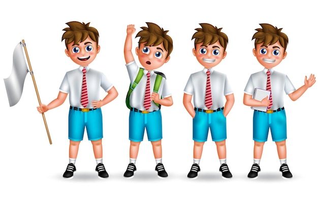 School boy character vector set Student male 3d characters friendly standing