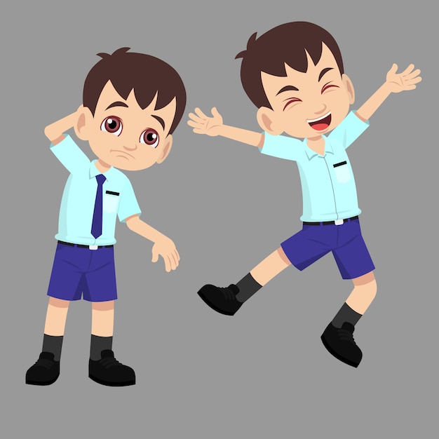 School boy in uniform has difference action pose of happy jumping and unhappy sad or confused expression