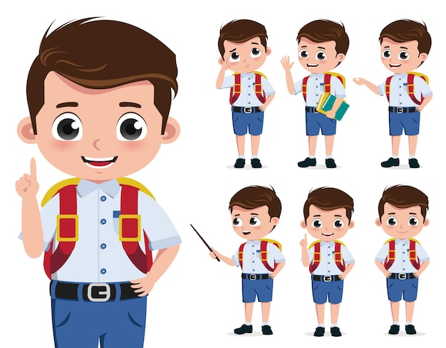 School boy vector character set Back to school kid student characters