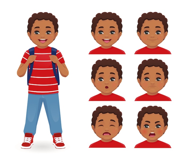 School boy with backpack emotions set isolated vector illustration