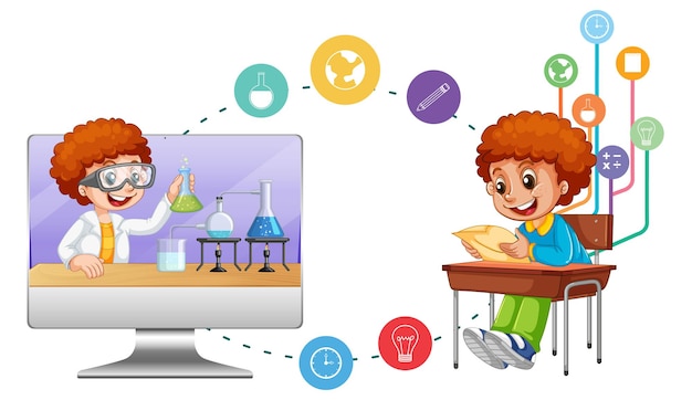 School boy with computer and education icons