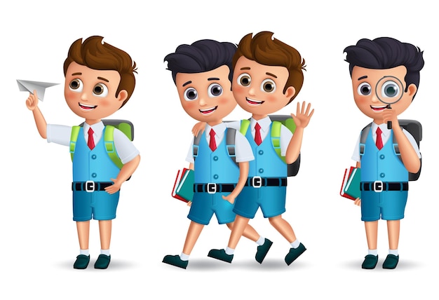 School boys vector character set Student kids holding school items walking and talking