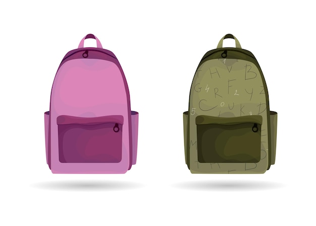 Vector school briefcase vector set backpack collection in pink and green colors for educational or travel