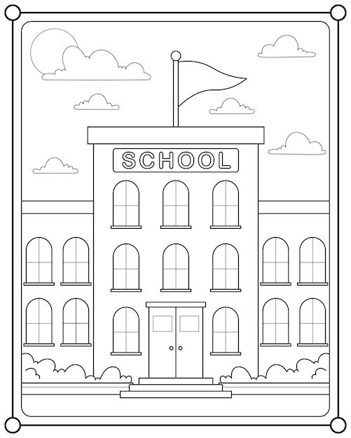 School building suitable for children's coloring page vector illustration