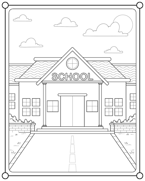 School building with garden suitable for children's coloring page vector illustration