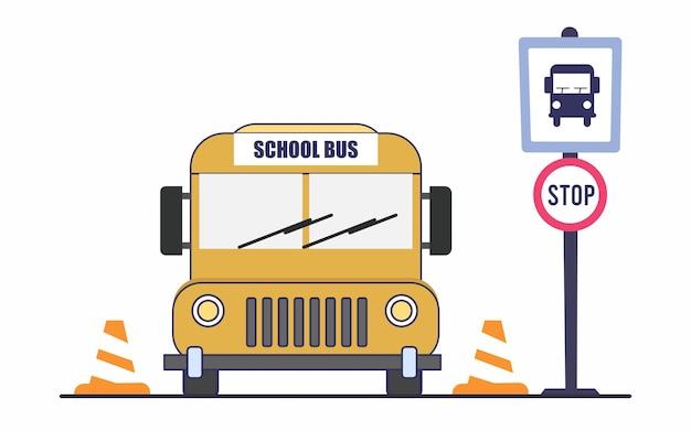 School bus on the bus stop. Stop traffic symbol. Flat style illustration