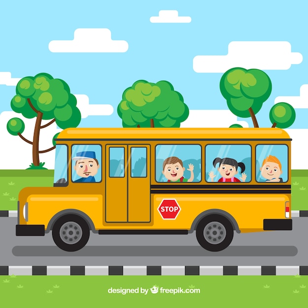 School bus and children with flat design