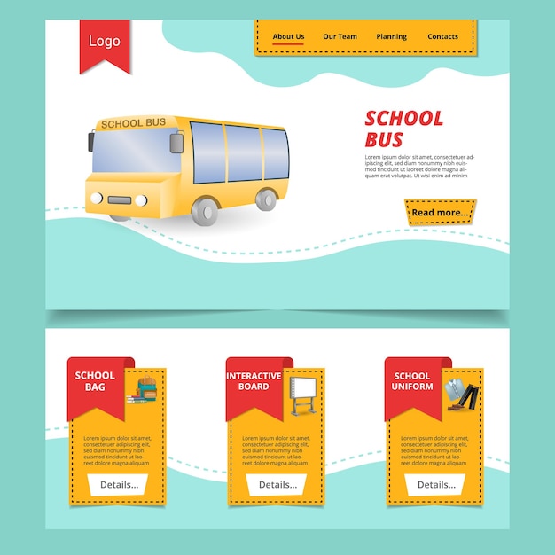 Vector school bus flat landing page website template school bag