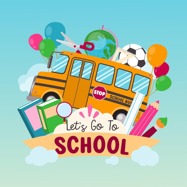 School Bus And Stationery Vector Illustration