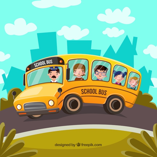 School bus and students with flat design