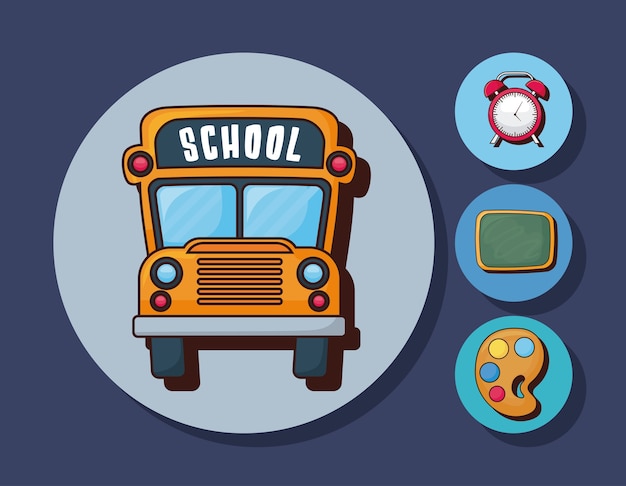 School bus with school utensils over colorful circles and blue background