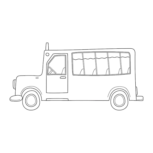 A school bus with windows in sketch doodle style Side view Hand drawn black and white vector illustration isolated on white background