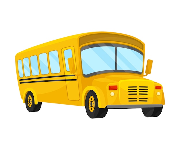 School bus of yellow color classic design of corner projection with black lines on the board arched curved topline and red headlights cartoon illustration isolated on white background