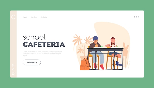 School Cafeteria Landing Page TemplateCanteen Interior With Schoolchildren Sitting At Tables and Eating Food In Hall